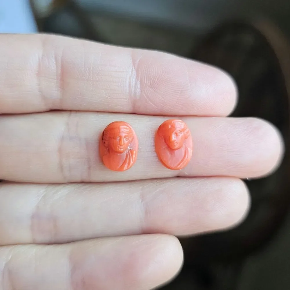 Antique Victorian Pair of Matching Natural Mediterranean Red Coral Oval Cameos